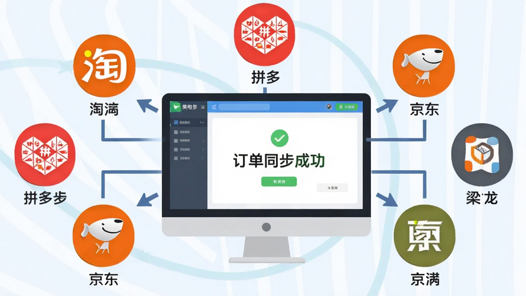 主体:多个电商平台订单同步到梁龙快递打印软件的示意图。布局:中央为电脑屏幕,屏幕上显示软件界面,周围环绕淘宝、拼多多、京东等平台图标。排版:图标呈环形排列,线条箭头指向屏幕。风格:扁平化插画风格,色彩明快。细节:屏幕中的软件界面显示“订单同步成功”字样,各平台图标下方标注对应名称,整体传达高效便捷的感觉。画质:高清、干净、无多余元素。