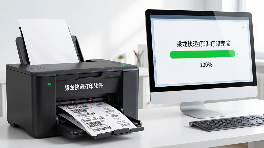 主体:梁龙快递打印软件的高速批量打印场景。布局:一台打印机正在连续输出面单,旁边电脑屏幕上显示打印进度条为100%。排版:打印机位于画面左侧,电脑在右侧,形成工作台场景。风格:写实风格与数字界面结合,光线明亮。细节:打印机出纸口有连续的面单纸,电脑屏幕上显示“梁龙快递打印-打印完成”的提示,进度条满格,整体氛围高效有序。画质:高清、干净、无多余元素。