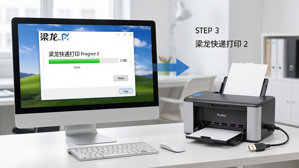 主体:梁龙快递打印软件在电脑上的安装与设置过程。布局:画面左侧是电脑屏幕,显示软件安装向导,右侧是打印机设备。排版:步骤式排列,箭头指示操作顺序。风格:写实风格,背景为办公桌。细节:电脑屏幕上有“梁龙快递打印”安装进度条,打印机旁边有USB连接线,桌面整洁。画质:高清、干净、无多余元素。