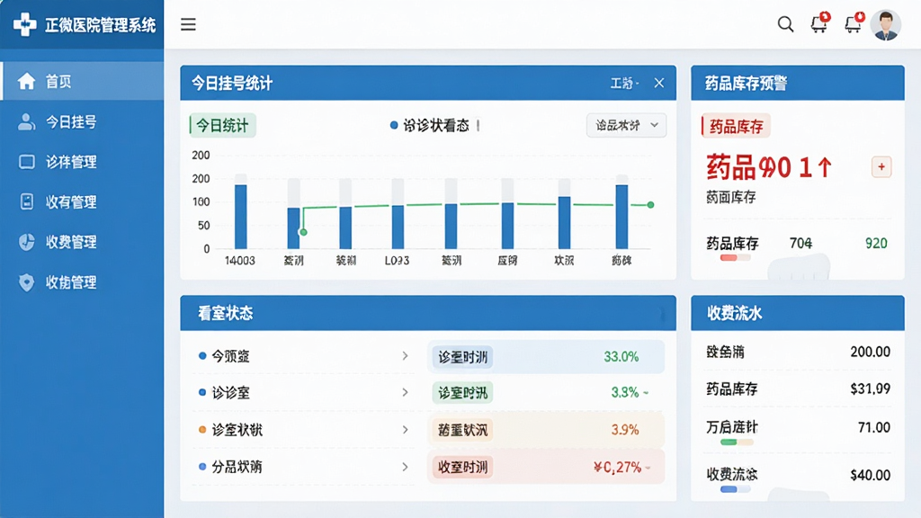 正微医院管理系统主界面展示,左侧为功能导航栏,中间是今日挂号统计与诊室状态看板,右侧显示药品库存预警与收费流水,整体采用蓝白医疗风格,界面布局清晰,信息层级分明,现代扁平化设计,高画质,干净,无多余元素