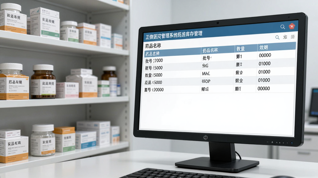 正微医院管理系统药房库存管理界面,货架上的药品与电脑屏幕中的库存列表相对应,系统显示药品名称、批号、数量及效期,界面简洁明了,医疗行业风格,高清画质,无多余元素