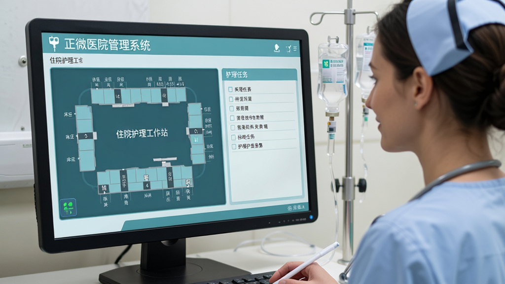 正微医院管理系统住院护理工作站界面,护士正在核对输液信息,屏幕显示床位分布图与护理任务清单,界面采用柔和的蓝绿色调,医疗信息化风格,画面清晰,无多余元素