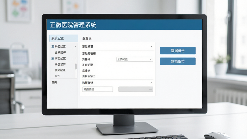 正微医院管理系统设置页面,显示系统配置选项与数据备份按钮,背景为干净的办公桌面,界面文字清晰可见,包含“正微医院管理系统”名称,专业截图风格,高画质,无多余元素