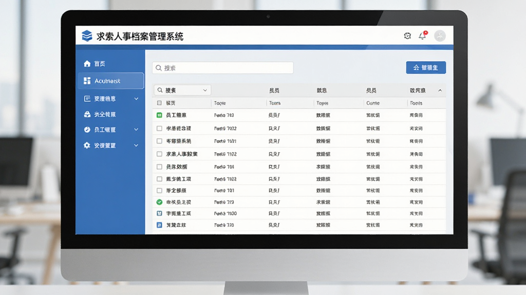 主体为电脑屏幕中展示的“求索人事档案管理系统”主界面,布局为左侧导航栏与右侧员工信息表格,排版清晰,风格为现代商务蓝色调,细节包括数据列表、搜索框、功能按钮,画质高清干净,无多余元素