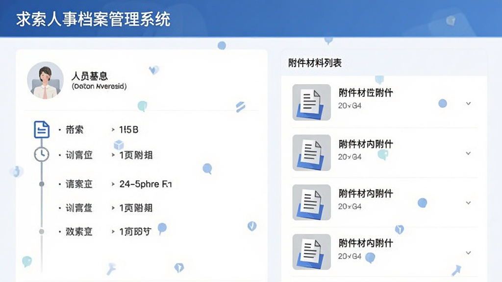 画面主体为“求索人事档案管理系统”的员工档案详情页面,左侧显示人员基本信息,右侧展示附件材料列表,布局为左右分栏,风格为简洁扁平化,细节包含时间轴图标和文档缩略图,画质清晰,无多余元素