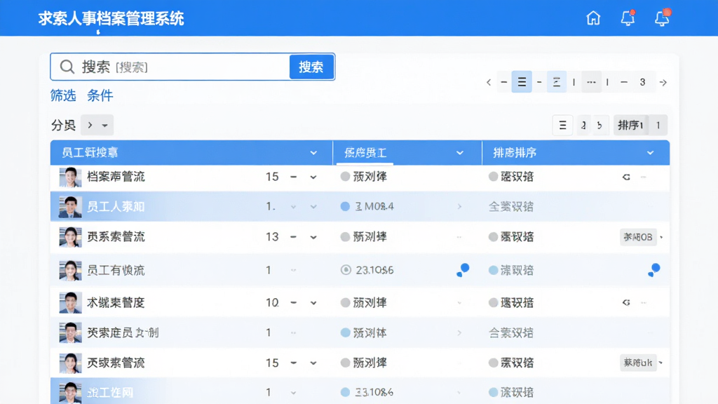 主体为“求索人事档案管理系统”的搜索结果页面,顶部有搜索框和筛选条件栏,下方显示匹配的员工列表,布局为列表式,风格为清爽白色背景蓝色高亮,细节包括分页和排序选项,画质细腻,无多余元素