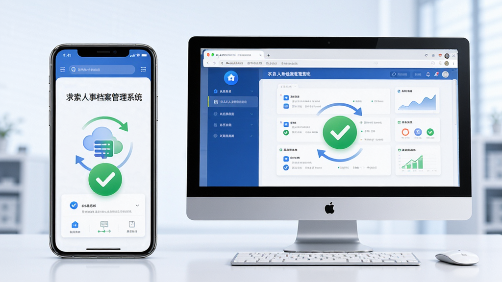 主体为一部手机和一台电脑并排放置,屏幕上同时显示“求索人事档案管理系统”界面,布局为设备居中对称,风格为科技感,细节包括数据同步图标和绿色对勾,画质高清干净,无多余元素