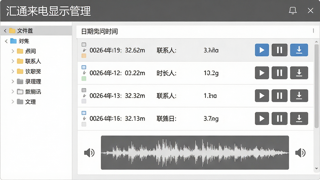 主体:一个通话录音管理界面,界面顶部有“汇通来电显示管理”字样,中间是录音文件列表,包含日期、时间、联系人、时长等信息。布局:界面为左右结构,左侧为文件夹导航,右侧为录音列表。排版:列表条目清晰,有播放、暂停、下载按钮。风格:简洁商务风,以白色和灰色为主色调。细节:录音波形图显示在列表下方,音量图标清晰。画质:高清,干净,无多余元素。
