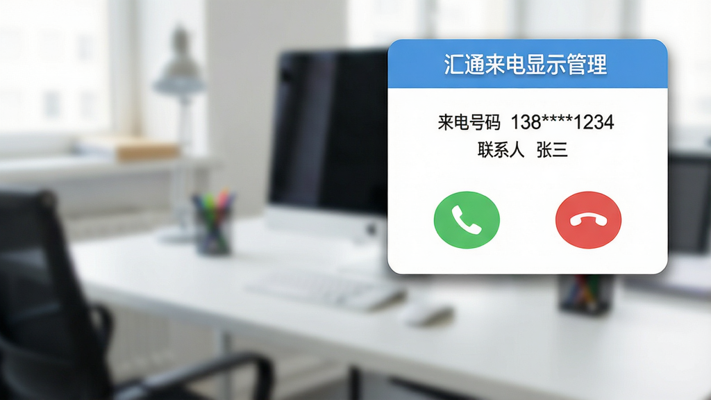 主体:电脑屏幕上显示一个精美的来电弹窗,弹窗中央有“汇通来电显示管理”字样,下方显示“来电号码 138****1234”和“联系人 张三”。布局:弹窗位于屏幕右上角,背景为模糊的办公桌面。排版:弹窗信息简洁,有接听(绿色)和挂断(红色)两个按钮。风格:现代扁平化设计,色彩清新。细节:弹窗有淡淡的投影,号码字体清晰,按钮有圆角。画质:高清,干净,无多余元素。