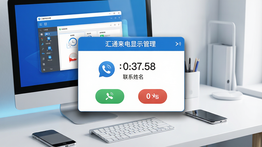 主体:电脑桌面显示一个精致的来电弹窗界面,弹窗上有“汇通来电显示管理”字样和电话号码。布局:弹窗居中,背景为现代简约的办公桌,桌面有电脑、手机。排版:弹窗信息清晰,有来电号码、联系人姓名、接听/挂断按钮。风格:科技感、商务风,色彩搭配以蓝色和白色为主。细节:弹窗边缘有阴影效果,界面图标精致,屏幕上还有软件主界面缩略图。画质:高清,干净,无多余元素。