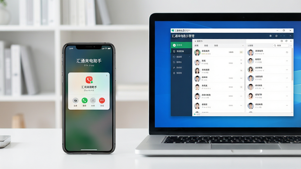 主体:一部智能手机和一台笔记本电脑并排摆放在桌面上,手机屏幕显示“汇通来电助手”App界面,电脑屏幕显示“汇通来电显示管理”主窗口。布局:手机在左侧,电脑在右侧,背景为简约的书房。排版:画面清晰,突出两个设备屏幕上的软件界面。风格:写实摄影风格,光线明亮。细节:手机屏幕上有来电弹窗,电脑屏幕上有联系人列表。画质:高清,干净,无多余元素。