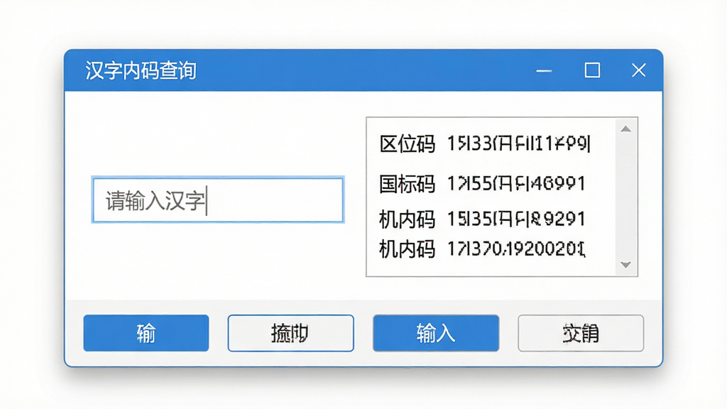 主体:一款名为“汉字内码查询”的桌面软件界面展示。布局:居中显示一个简洁的查询窗口,左侧为汉字输入框,右侧为对应的内码输出区域。排版:窗口上方为软件标题栏,下方为清晰的功能按钮。风格:扁平化设计,色调以蓝白为主,界面干净利落。细节:输入框内显示“请输入汉字”的灰色提示文字,输出区域展示“区位码”、“国标码”、“机内码”等具体数值。画质:高清,干净,无多余元素。