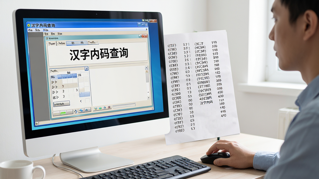 主体:一位用户正在电脑前使用“汉字内码查询”软件。布局:画面左侧是电脑屏幕,屏幕上显示软件界面,右侧是用户的手正在操作鼠标。排版:人物位于画面三分之一处,电脑屏幕作为视觉焦点。风格:写实风格,光线明亮。细节:屏幕上的软件界面显示着“汉字内码查询”字样,旁边有一张写满编码的纸张。画质:高清,干净,无多余元素。