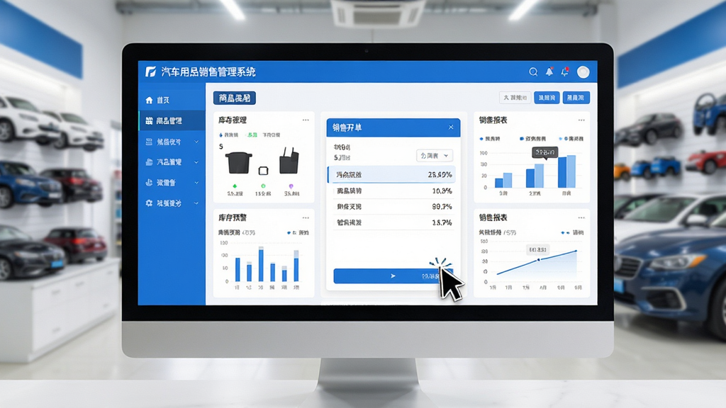 主体:汽车用品销售管理系统软件主界面展示,电脑屏幕显示商品管理、库存预警、销售报表等模块。布局:左侧功能导航栏,右侧数据看板,中央销售开单界面。排版:清晰的信息层级,图表结合,数据直观。风格:现代商务科技感,界面蓝白主色调,简洁明亮。细节:屏幕中显示“汽车用品销售管理系统”字样,鼠标指针点击操作,背景为整洁的汽车用品门店。画质:高清,干净,无多余元素。