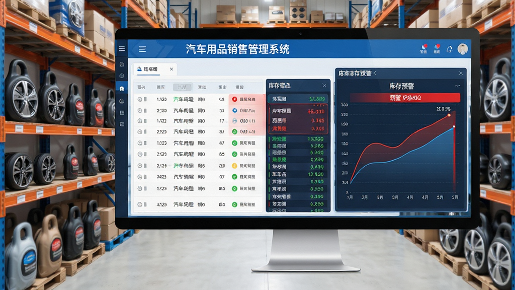 主体:汽车用品销售管理系统的库存管理界面,仓库货架与电脑系统同屏显示。布局:左侧商品列表,右侧库存预警图表。排版:列表数据清晰,预警信息用红色高亮。风格:干净整洁,商务蓝色调。细节:货架上的汽车用品摆放整齐,屏幕显示“汽车用品销售管理系统”字样,库存数据实时滚动。画质:高清,干净,无多余元素。