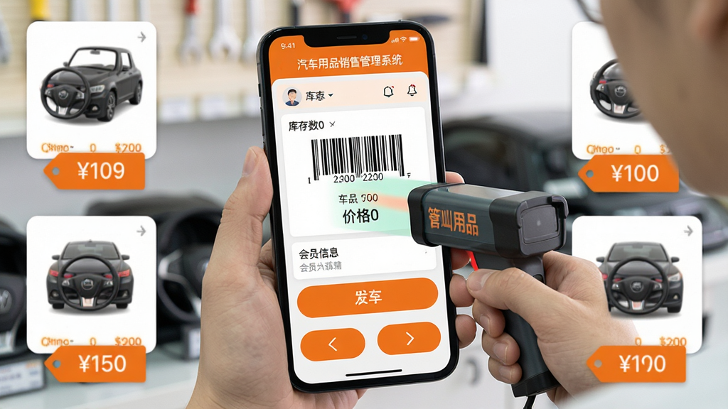 主体:汽车用品销售管理系统在手机上的运行界面,店员手持手机扫描商品条码。布局:手机屏幕占据主视觉,周围有商品图片与价格标签。排版:界面简洁,按钮大而清晰,适合触控操作。风格:现代扁平化设计,主色调为橙色与白色。细节:屏幕显示“汽车用品销售管理系统”字样,库存数量、价格、会员信息一目了然。画质:高清,干净,无多余元素。