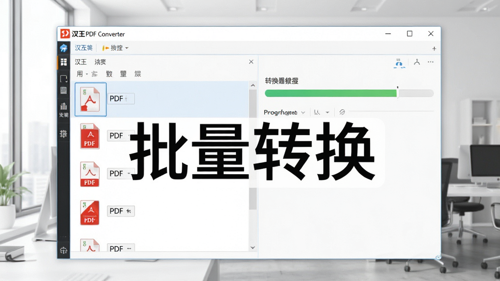 一张操作演示图片,画面中汉王PDF Converter的批量转换界面,左侧列表显示多个PDF文件,右侧显示转换进度条,背景为干净明亮的办公环境,画质清晰,风格写实,无多余元素,图中文字标注“批量转换”。