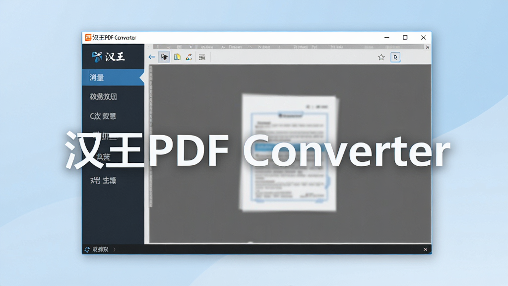 一张高清产品展示图,画面中央是汉王PDF Converter软件的主界面截图,界面布局清晰,左侧为功能菜单栏,右侧为文件预览区,背景为浅蓝色渐变,整体风格商务简约,画质干净,无多余元素,图中文字标注“汉王PDF Converter”。