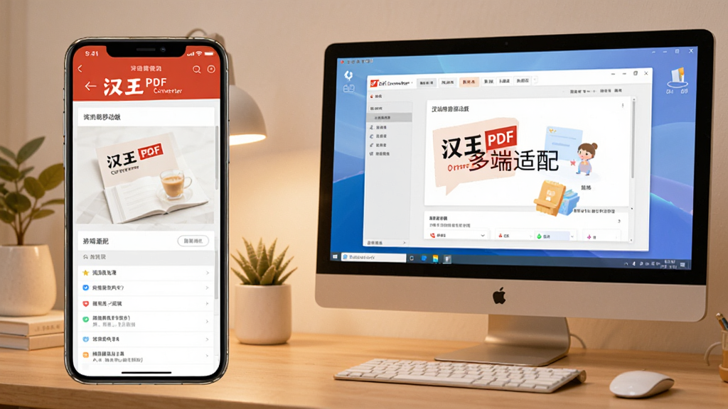 一张手机与电脑并排的图片,左侧是手机屏幕显示汉王PDF Converter移动版界面,右侧是电脑屏幕显示汉王PDF Converter桌面版界面,背景为整洁的书桌,画质清晰,风格温馨,无多余元素,图中文字标注“多端适配”。