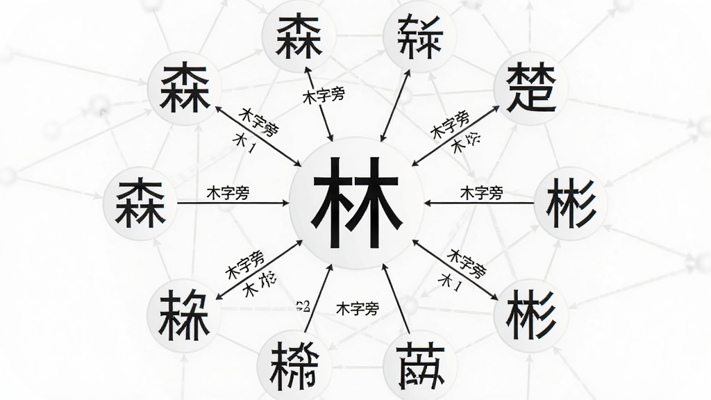 主体:汉字“林”的同构字关联图谱,以“林”为中心,周围辐射出“森”“楚”“彬”等同构字,布局:网络结构图,排版:中心突出,周围环绕,风格:知识图谱风格,细节:连线标注“木字旁”等共同点,画质:高清,干净,无多余元素