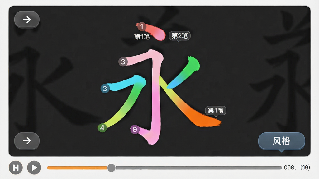 主体:汉字“永”的动态笔顺演示动画截图,每一笔用不同颜色标注并带有数字序号,布局:居中显示,周围有控制按钮,排版:上方为演示区域,下方为播放进度条,风格:简洁教育风,细节:笔画上有“第1笔”“第2笔”等标签,画质:高清,干净,无多余元素