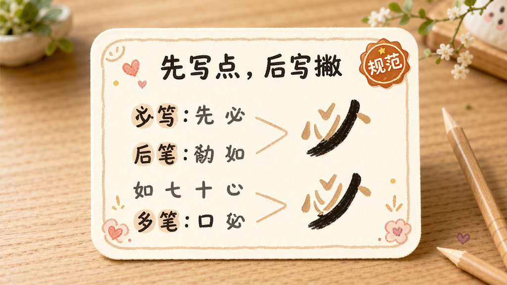 主体:汉字“必”的笔顺口诀展示卡片,卡片上写有“先写点,后写撇”等口诀,布局:卡片式,排版:口诀文字与笔画图对照,风格:可爱手绘风,细节:卡片右上角有“规范”徽章,画质:高清,干净,无多余元素