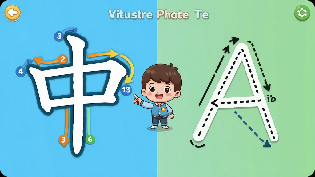 主体:汉字笔顺英语卡通解释软件界面,展示一个汉字“中”的笔顺动画与对应英语字母“A”的书写演示,布局:左右分屏,左侧汉字右侧英文字母,中间有卡通小人引导,排版:简洁清晰,色彩明亮,风格:卡通可爱,细节:汉字笔画带箭头和数字标号,英文字母有虚线和方向指示,画质:高清,干净,无多余元素。