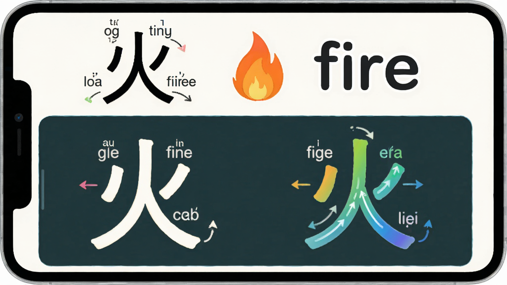 主体:汉字笔顺英语卡通解释软件中英对照学习界面,上方是汉字“火”和英文“fire”,下方是笔顺演示区,布局:上下结构,上方显示词语,下方动画演示,排版:字体清晰,色彩和谐,风格:简约卡通,细节:汉字带拼音和英语音标,笔顺有颜色渐变,画质:高清,干净,无多余元素。