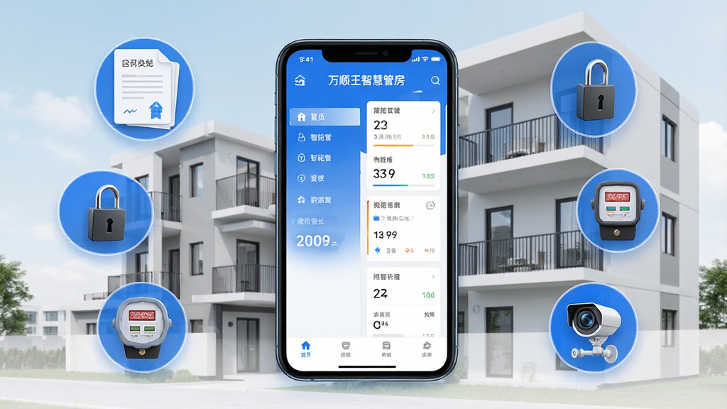主体:手机屏幕上显示“万顺王智慧管房”APP主界面,背景为现代简约的公寓楼外观。布局:手机位于画面中央,周围环绕着合同文档、智能门锁、电表等图标元素。排版:手机界面清晰展示菜单栏与数据卡片,图标有序分布。风格:科技感与生活化结合,色调以蓝色和白色为主。细节:界面上的文字为“万顺王智慧管房”,图标包含合同、门锁、电表、摄像头。画质:高清渲染,干净无多余元素。