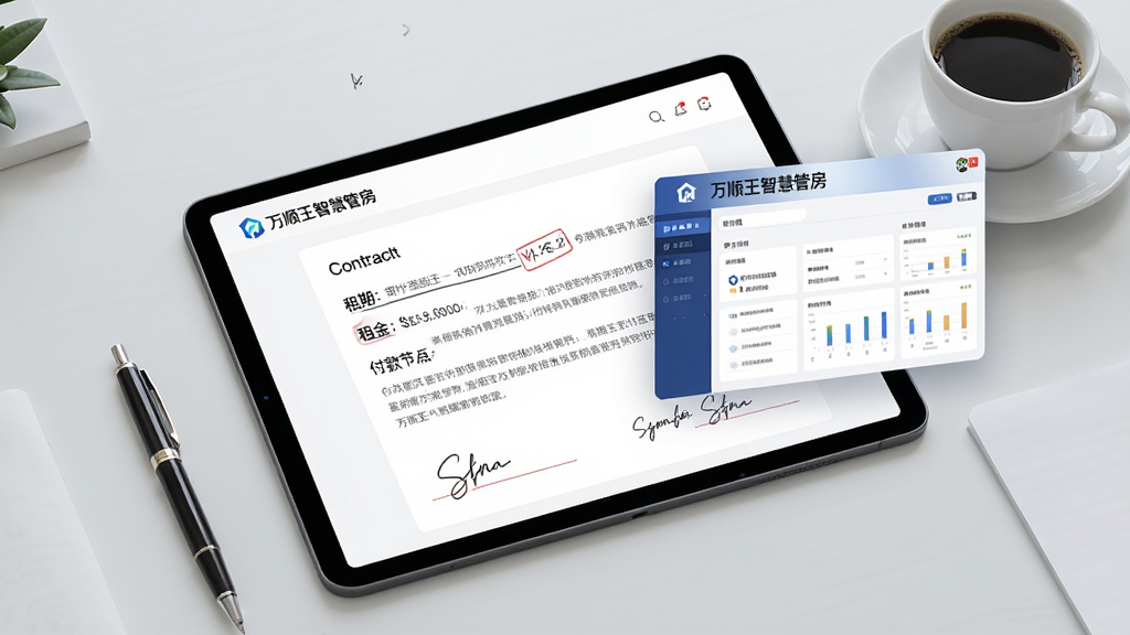 主体:一份电子合同在平板电脑上展示,旁边有“万顺王智慧管房”的界面悬浮。布局:平板电脑斜放于桌面,周围有签字笔、咖啡杯等物。排版:合同界面清晰可见签名栏与条款文字。风格:商务简约,浅灰色背景。细节:合同上标注“租期”“租金”“付款节点”等字样,屏幕左上角有“万顺王智慧管房”Logo。画质:清晰锐利,干净无多余元素。