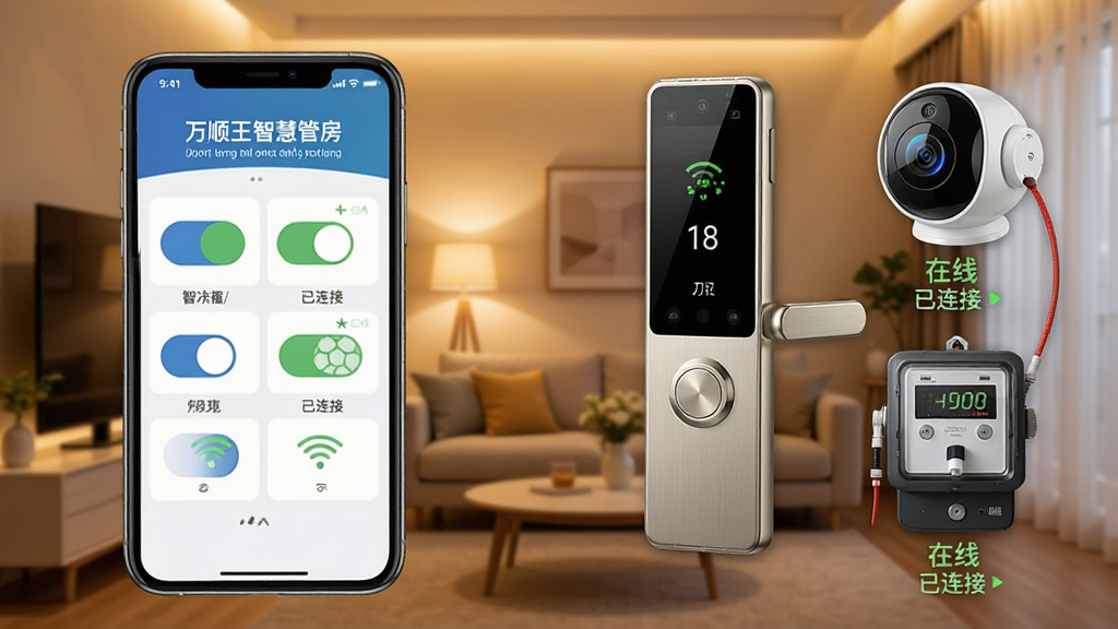 主体:手机屏幕显示“万顺王智慧管房”的智能设备控制面板,背景是室内客厅。布局:手机位于画面左侧,右侧展示智能门锁、摄像头、电表的实物图。排版:控制面板上有开关按钮与状态图标。风格:家居科技风,暖色调灯光。细节:面板上文字为“万顺王智慧管房”,设备图标下方有“在线”“已连接”状态。画质:高清实拍感,干净无多余元素。