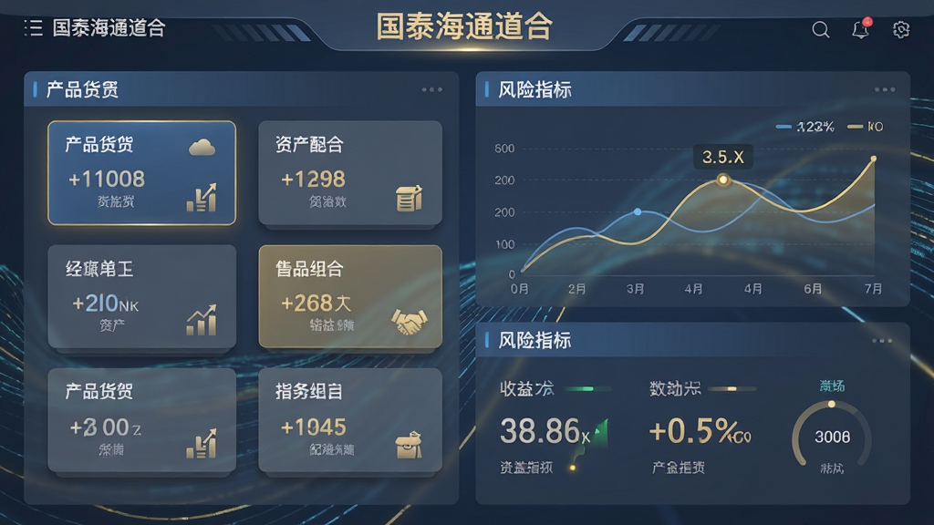 画面主体为“国泰海通道合”销售通功能界面,展示产品货架与资产配置组合,背景为抽象资金流动线条。布局采用仪表盘样式,左侧产品卡片列表,右侧收益曲线与风险指标。排版清晰,突出配置逻辑。风格为商务科技风,蓝灰主色调,金色高亮关键数据。细节包括卡片阴影、数据动态刷新。画质超清,干净无多余元素。