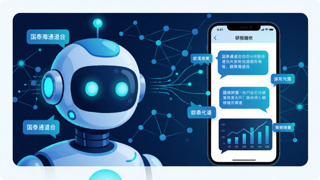 画面主体为AI机器人形象与“国泰海通道合”APP界面融合,左侧机器人头部发光,右侧手机屏幕显示对话式研报摘要与数据图表。布局左右对称,背景为科技感网络节点。排版采用分屏式,突出智能交互。风格为扁平插画结合渐变光影,主色调深蓝与亮青。细节包括数据流线、悬浮问答气泡。画质高清,干净无多余元素。