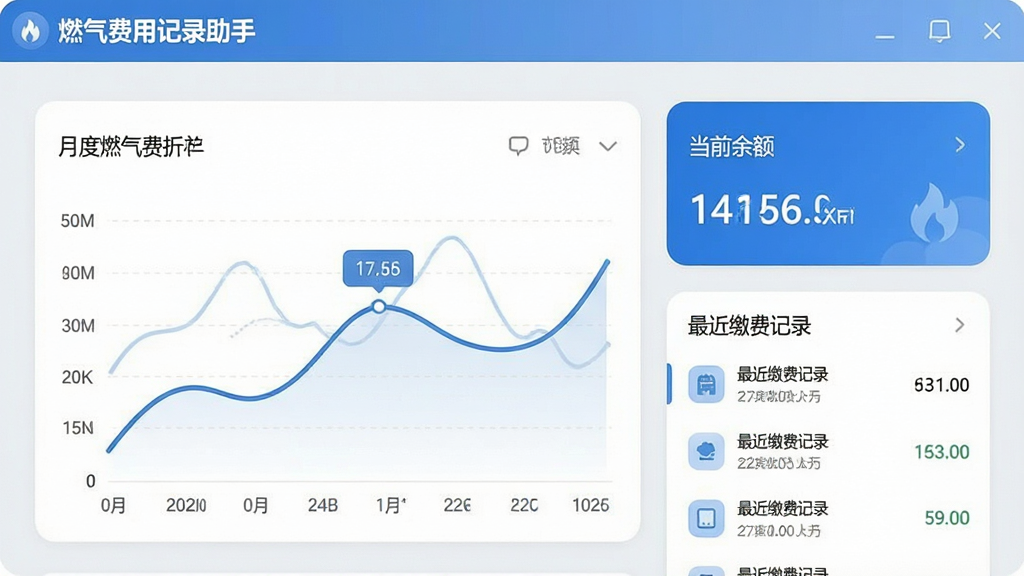 一张展示燃气费用记录助手主界面的高清截图,界面包含月度燃气费折线图、当前余额卡片、最近缴费记录列表,整体风格清爽简洁,以蓝色和白色为主色调,图标圆润,文字清晰,背景为浅灰色,画质干净,无多余元素,软件名称“燃气费用记录助手”显示在屏幕顶部