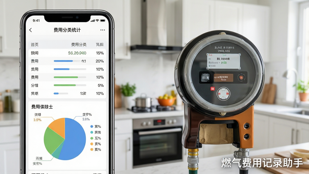 一张燃气费用记录助手功能预览图,画面左侧为手机界面,显示费用分类统计表格和饼图,右侧为燃气表拍照识别场景,背景为现代厨房,色调明亮,布局平衡,风格写实,细节清晰,画质干净,无多余元素,软件名称“燃气费用记录助手”以水印形式出现在图片右下角