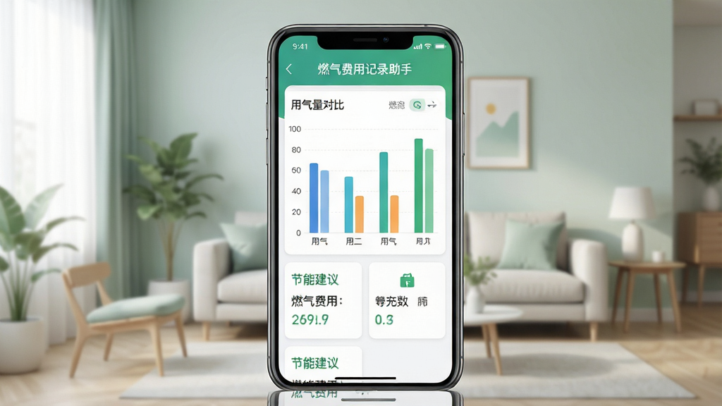 一张燃气费用记录助手节能分析界面截图,画面为手机竖屏,显示用气量对比柱状图和节能建议卡片,背景为简约客厅,色调清新,布局规整,风格现代,细节精致,画质干净,无多余元素,软件名称“燃气费用记录助手”出现在屏幕上方