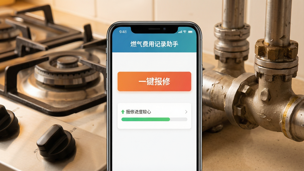 一张燃气费用记录助手安全功能展示图,画面中央为手机界面,显示“一键报修”按钮和报修进度条,背景为燃气灶具和管道特写,风格写实,色调偏暖,布局清晰,细节丰富,画质干净,无多余元素,软件名称“燃气费用记录助手”显示在界面顶部