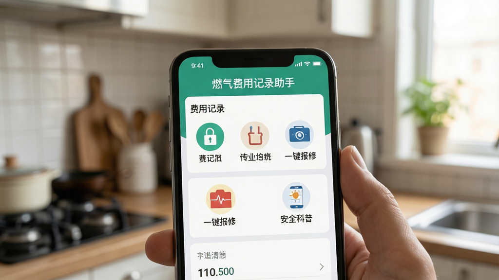 一张展示燃气费用记录助手在手机上运行的实拍图,手机屏幕显示软件主界面,包含费用记录、一键报修、安全科普等图标,背景为家庭厨房一角,光线柔和,风格写实,布局自然,细节清晰,画质干净,无多余元素,软件名称“燃气费用记录助手”在界面顶部清晰可见