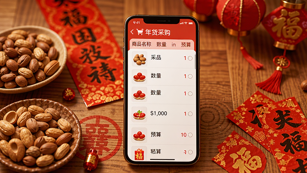 称心如意APP的采购清单功能展示,手机屏幕上显示详细的年货采购列表,包括商品名称、数量和预算,周围摆放着坚果、春联等年货实物,背景是带有红色喜庆元素的桌面,风格温馨实用,突显软件在场景化采购中的辅助作用,画质细腻。