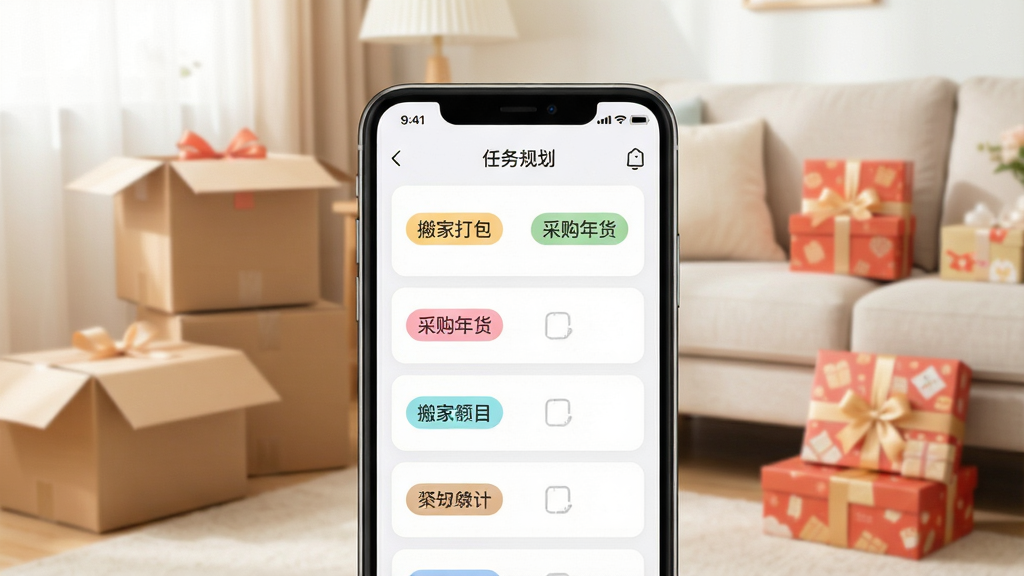 一幅展示称心如意APP核心功能的场景图,画面中央是一部智能手机,屏幕内显示整洁的任务清单界面,上面罗列着“搬家打包”、“采购年货”等彩色标签卡片,背景是温馨明亮的客厅一角,有纸箱和年货礼盒,整体风格清新简约,色彩柔和,突出生活规划与条理感,画质干净,无多余元素。