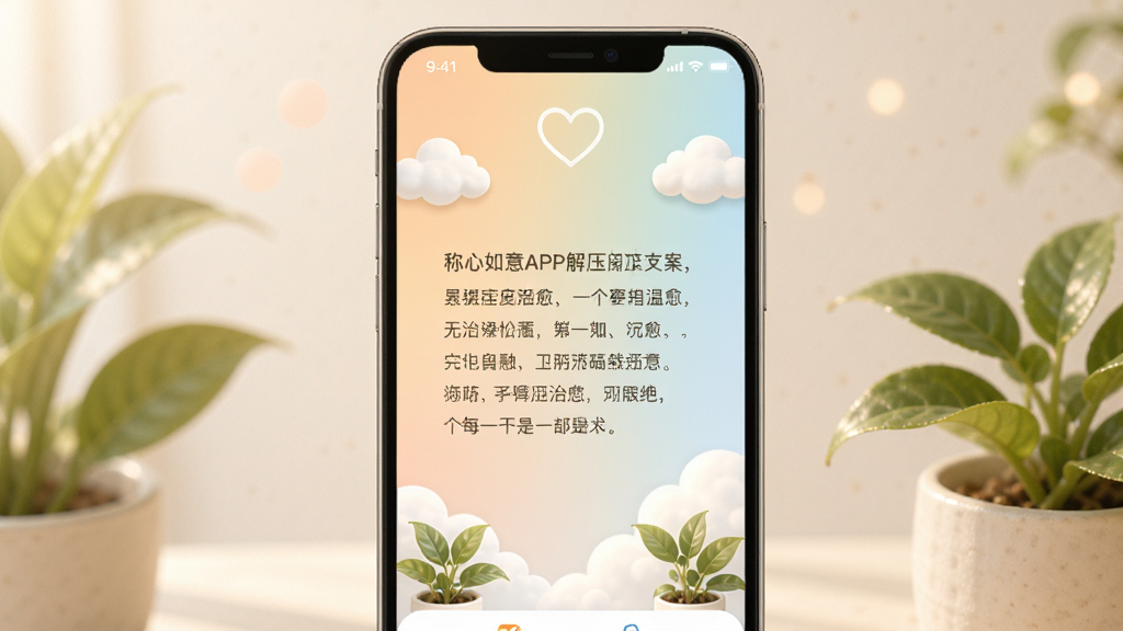 称心如意APP的解压文案阅读界面,手机屏幕展示一段温暖治愈的文字,背景是柔和的渐变色,搭配云朵和绿植等舒缓元素,整体风格宁静温馨,突出软件的疗愈属性,画质柔和干净。
