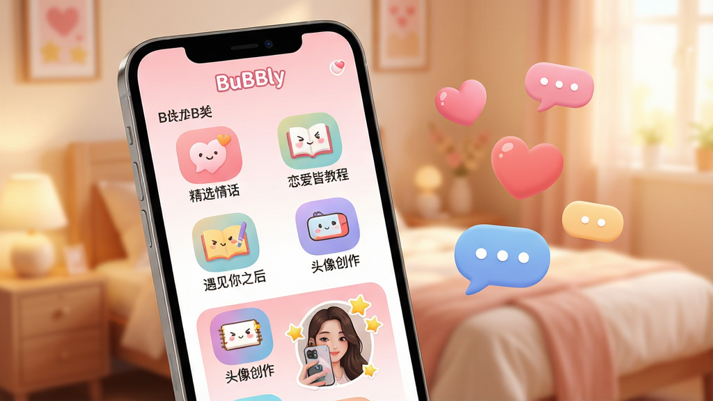 主体:手机屏幕展示BuBBly应用界面,界面风格清新柔和,主色调为淡粉色与白色渐变,屏幕上显示“精选情话”、“恋爱教程”、“头像创作”等彩色功能图标,图标圆润可爱。布局:手机位于画面中心偏左,右侧悬浮着几颗爱心和对话气泡元素,背景为模糊的温馨卧室场景。排版:手机屏幕内容清晰可辨,功能图标以网格状排列,顶部有“BuBBly”字样logo。风格:扁平化插画风格,色彩明快,光影柔和,整体氛围温馨浪漫。细节:屏幕中情话卡片上写着“遇见你之后,余生皆是你”,头像创作界面展示一张带有星星贴纸的自拍。画质:8K超高清,细节丰富,画面干净,无多余元素。