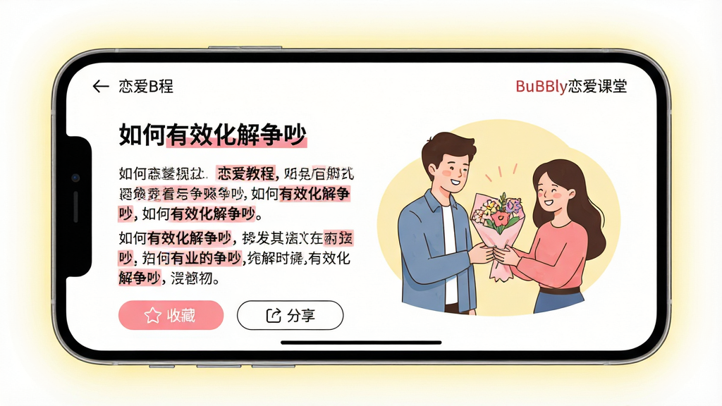 主体:手机屏幕展示BuBBly应用中的“恋爱教程”界面,屏幕上展示一篇标题为“如何有效化解争吵”的文章,配有一对情侣微笑和解的插画。布局:手机横屏居中,屏幕左侧为文章文字,右侧为插画,背景为淡黄色的柔和光晕。排版:文章段落清晰,关键词用粉色高亮,底部有“收藏”和“分享”按钮。风格:简约清新的教育插画风格,色彩温暖。细节:插画中男生递给女生一束花,女生微笑接受,屏幕右上角有“BuBBly恋爱课堂”字样。画质:4K高清,画面干净。