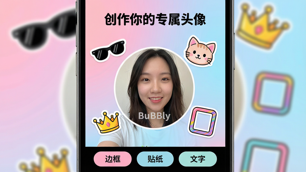 主体:手机屏幕展示BuBBly应用中的“头像创作”编辑界面,屏幕中央有一张用户自拍照,周围环绕着各种卡通贴纸(如墨镜、猫耳、皇冠)和彩色边框选项。布局:手机竖屏居中,编辑工具栏位于屏幕底部,背景为柔和的粉蓝色渐变。排版:自拍照被圆形裁剪框选中,下方横向排列着“边框”、“贴纸”、“文字”三个功能按钮。风格:活泼可爱的插画风格,色彩鲜艳明快。细节:自拍照上添加了“BuBBly”水印,屏幕顶部有“创作你的专属头像”标题。画质:高清,细节丰富,干净无多余元素。