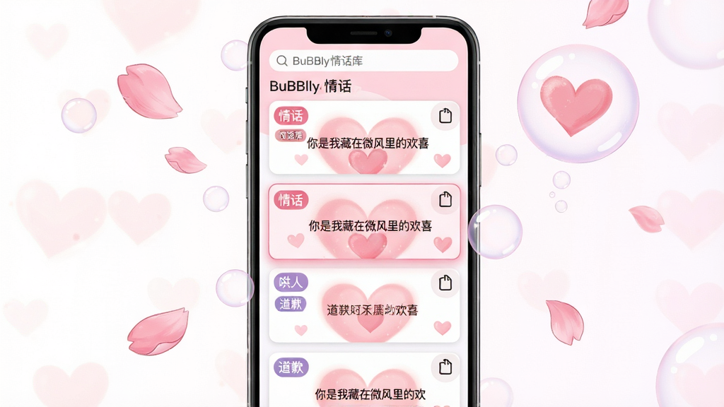 主体:手机屏幕展示BuBBly应用中的“精选情话”界面,屏幕上排列着多条带有爱心背景的文案卡片,如“你是我藏在微风里的欢喜”。布局:手机竖屏居中,屏幕内容占据主视觉,周围漂浮着粉色的花瓣和气泡。排版:文案卡片以列表形式垂直排列,每条卡片左侧有分类标签(情话、哄人、道歉),右上角有复制按钮。风格:清新浪漫的插画风格,色彩以粉色、白色、淡紫色为主。细节:屏幕顶部搜索栏有“BuBBly情话库”字样,一张卡片被高亮显示。画质:高分辨率,干净无多余元素。