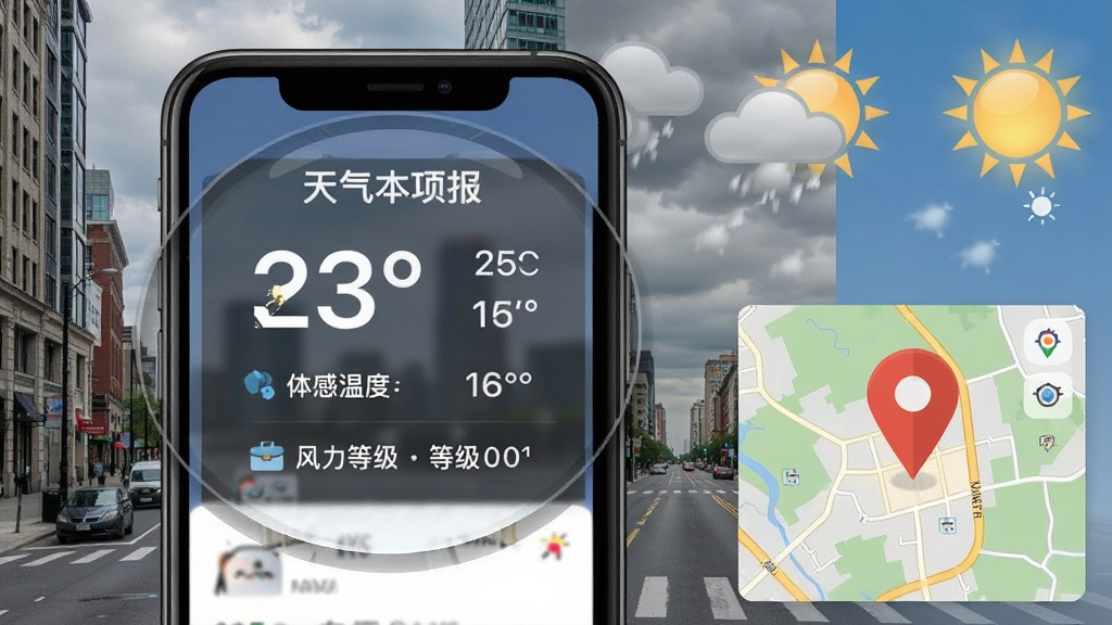 天气预报专家本地报实时天气功能展示图,手机屏幕放大显示当前温度、体感温度及风力等级,右侧有定位地图标记,背景为城市街景与阴晴变化对比,设计风格写实,画面清晰,色彩自然,细节丰富,干净无多余元素