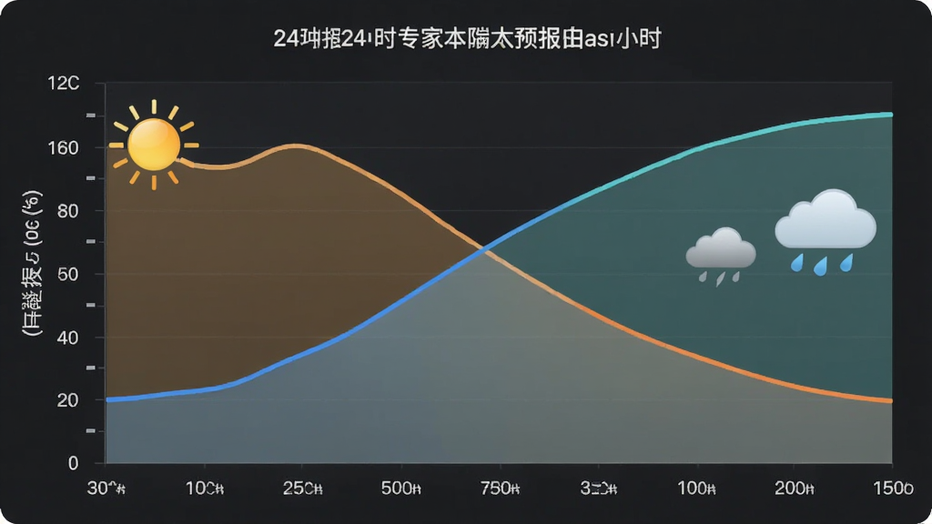 天气预报专家本地报24小时预报曲线图截图,横轴为时间刻度,纵轴为温度与降水概率数值,曲线平滑,颜色区分晴雨,背景简洁,UI界面现代,图表清晰,排版规整,画质高清,干净无多余元素