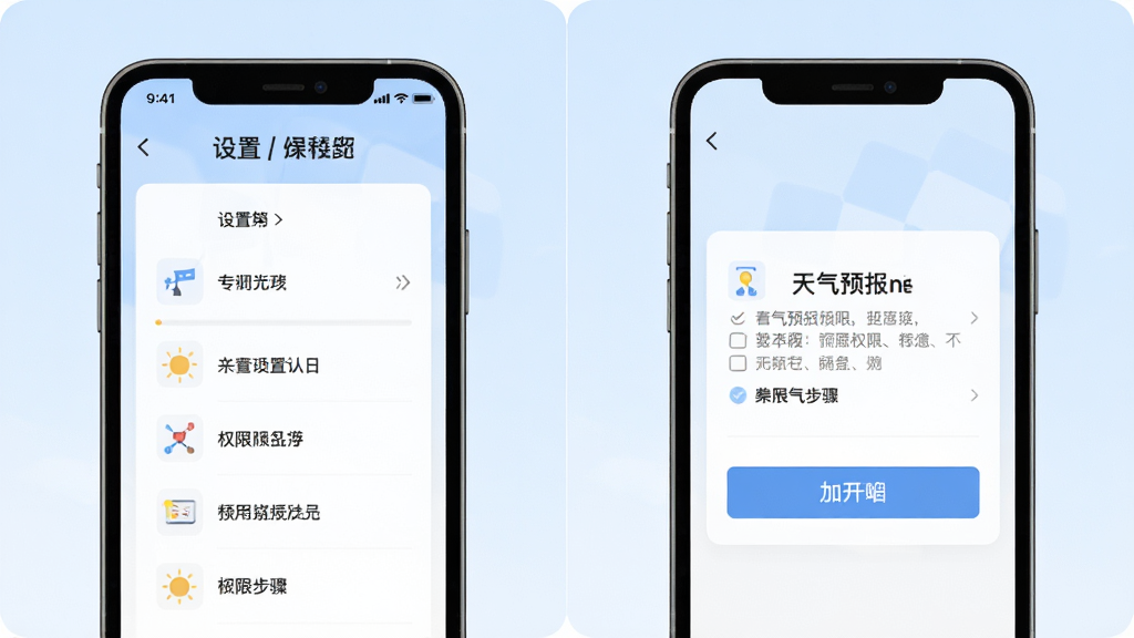 天气预报专家本地报使用教程插画,手机屏幕展示设置菜单与权限开启步骤,背景为淡蓝色渐变,图标简洁,文字清晰,风格清爽,画质干净,无多余元素
