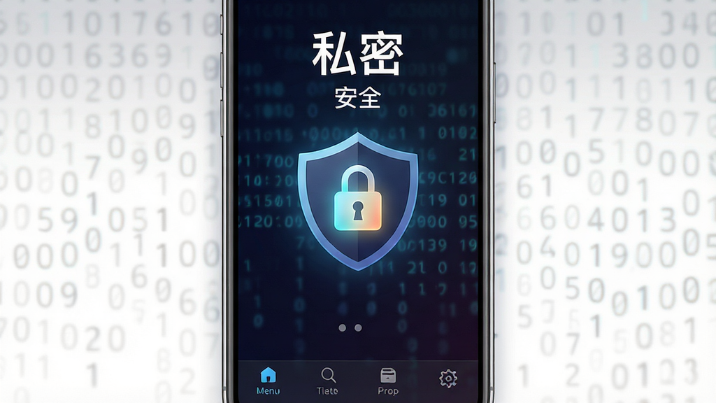 主体:私密空间浏览器手机界面,显示无痕浏览模式,背景为深色渐变,中央有盾牌与锁的图标。布局:手机居中,界面简洁,四周留白,下方有菜单栏。排版:界面文字清晰,突出“私密”“安全”字样。风格:现代科技感,扁平化设计。细节:锁图标发光,背景有模糊的数字代码流动。画质:高清,干净,无多余元素。