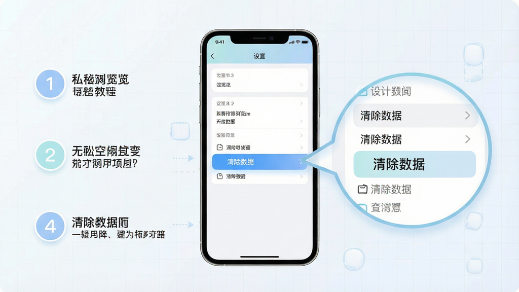 主体:私密空间浏览器使用教程示意图,手机屏幕显示设置菜单,突出“清除数据”选项。布局:手机居中,旁边有放大的设置选项气泡。排版:步骤文字简洁,搭配序号图标。风格:清新简约,浅色调。细节:气泡指向清晰,背景有淡淡的网格。画质:高清,干净,无多余元素。